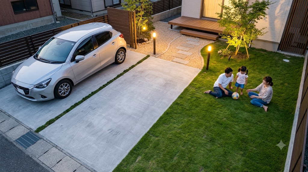 日本人の家族が暮らす住宅の庭で、駐車スペースのコンクリート（タマリュウ目地入り）と、主庭の天然芝、アプローチの砂利が美しくゾーニングされている。夕暮れ時に温かい照明が灯り、機能性と美観を両立している。