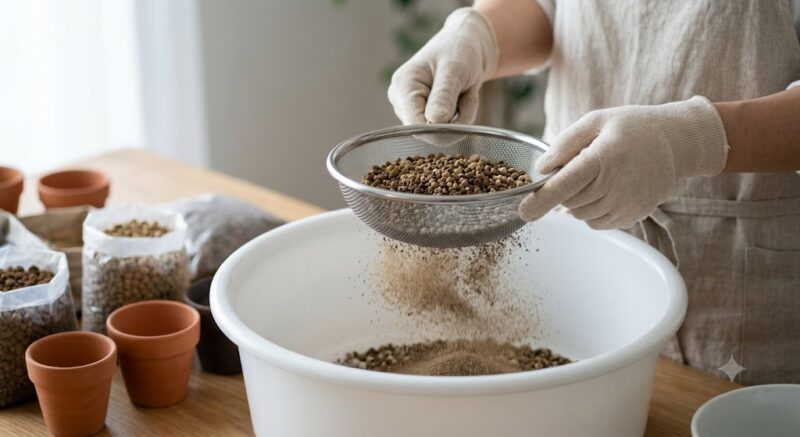 日本人の園芸家が、ふるいを使って多肉植物用の土から細かい粉塵(微塵)を取り除いている様子。排水性を向上させ根腐れを防ぐための重要な技術的工程。
