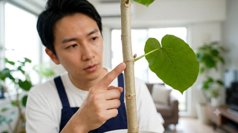 ウンベラータの剪定位置を決める際、幹にある「節」と、そのすぐ上にある小さな「成長点」を指で指して確認している様子。正しい切断ポイントを見極めるための重要なステップ。