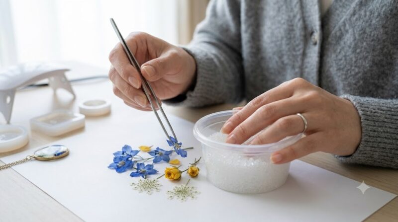 日本人の女性が、ピンセットを使って小さな押し花(パンジーや紫陽花)を白い紙の上に丁寧に並べている様子。省スペースで美しく保管するための伝統的な方法であり、手作りのしおりやスマホケースなどのアレンジにも活用できる。温かい自然光の中で、繊細な作業が進められている。