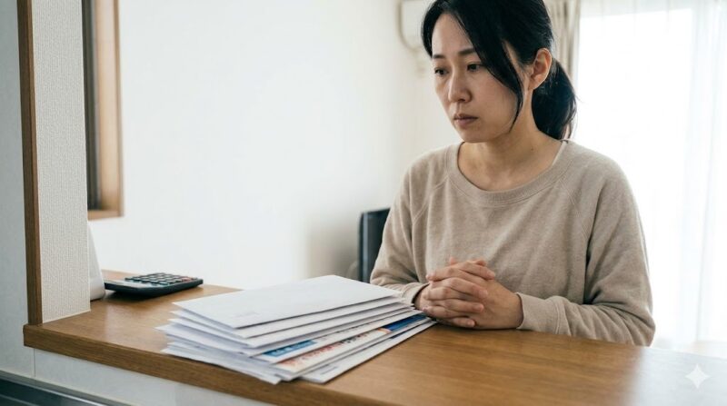 日本の住宅のカウンターに置かれた、未開封の郵便物の山。視界に入る「未完了タスク」が、住む人に無意識のプレッシャーと気疲れを与えている様子。