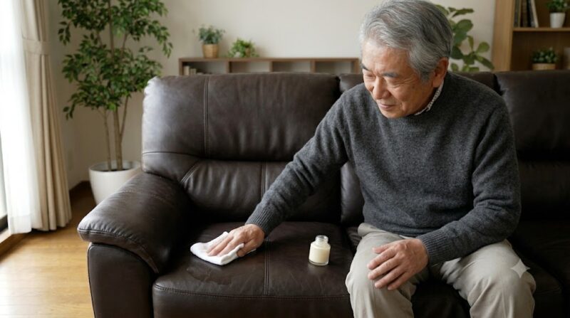 落ち着いた日本のリビングで、年配の日本人男性が新しい本革ソファに座り、革専用のメンテナンスクリームを柔らかい布で塗り込んでいる様子。長く愛用するための定期的なお手入れ。