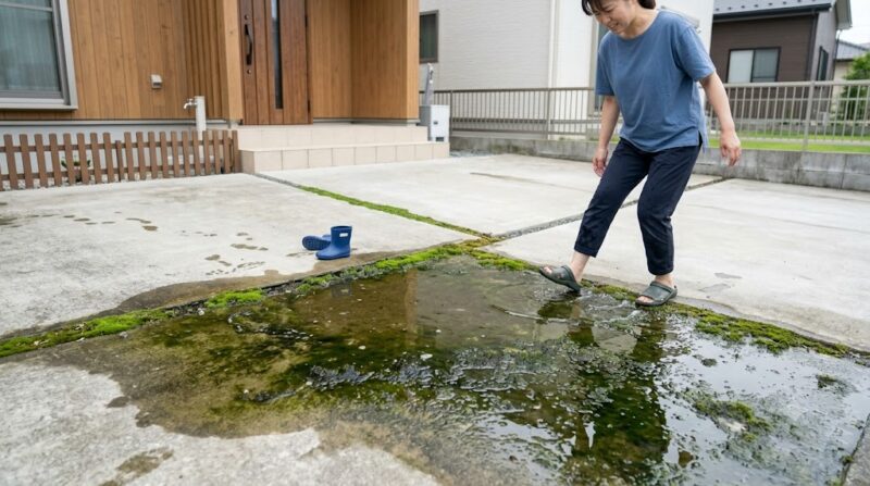 日本の住宅のコンクリート庭にできた大きな水たまりと、その周囲に発生した緑色の苔やカビ。日本人の女性が困った表情で避けながら歩いている様子。