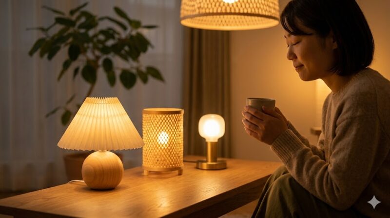 Japandiスタイルのリビングで、2700Kの電球色（暖かみのあるオレンジ色の光）を放つ3つの異なる自然素材ランプ（竹、木、紙）に照らされた、リラックスする日本人の女性の手元とセラミックマグ。