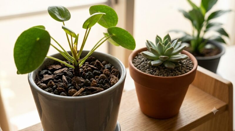 日本のマンションのリビングで、2つの異なる鉢植えを並べた写真。左の鉢は有機質の培養土で、右の鉢は表面が無機質な赤玉土で覆われている。窓からの自然光を受け、清潔感のある空間が広がる。