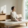 ミニマリストの女性が暮らす、白を基調としたすっきりと片付いた日本のリビングルーム。窓から自然光が差し込み、厳選された数少ない家具と、彼女の凛とした背中が静かな心の安定を感じさせる。