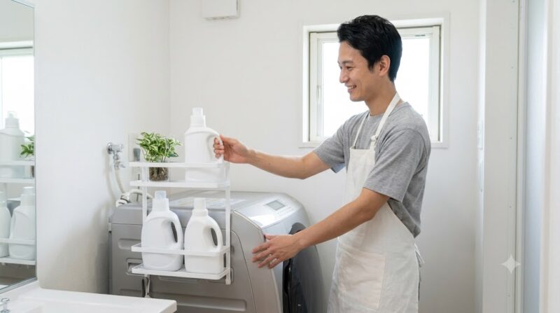 日本の住宅の狭い洗面所。男性が洗濯機の側面にマグネットラックを設置し、スペースを有効活用している様子。