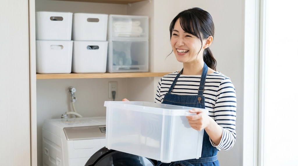 日本の住宅の狭い洗面所を整理整頓し、収納ボックスを笑顔で活用する日本人の女性。清潔感のある空間。