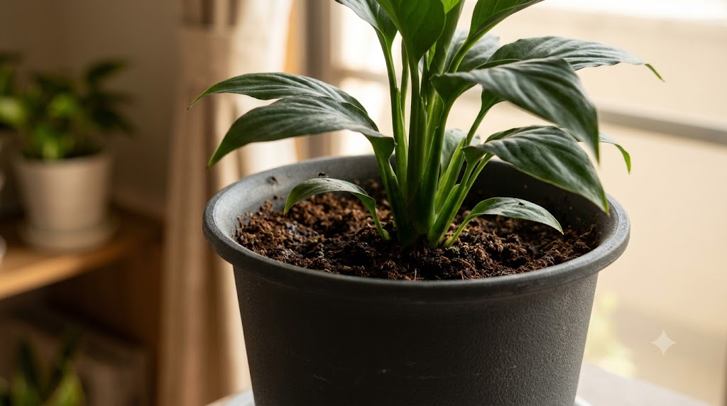 日本のリビングルームで育てられている観葉植物の鉢植え。土の表面に小さなコバエが数匹止まっている様子を捉えた近接写真。植物の葉や、背景の窓辺の光が柔らかく描かれている。