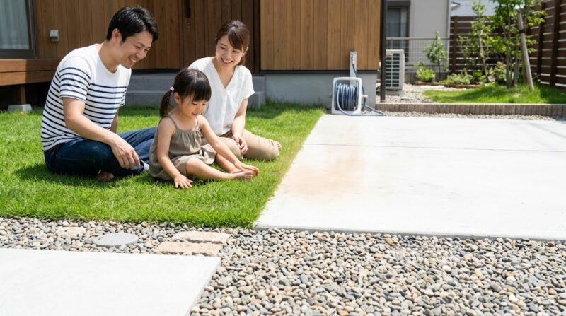 日本の住宅の庭で、コンクリート、天然芝、砂利（砕石）の3種類の舗装材が隣接している様子。晴れた日に日本人家族が天然芝の上で涼みながら、素材ごとの見た目や熱さの違いを感じている。
