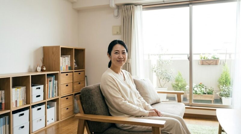 すっきりと片付き、陽の光が差し込む心地よいリビングで、リラックスして笑顔を浮かべる日本人女性。空間をコントロールできたことで自信と平穏を取り戻した様子。
