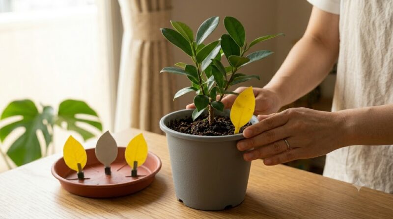日本の住宅の室内で、観葉植物（フィカス・ミクロカルパ）の鉢植えに、市販の黄色い葉っぱ型の粘着トラップを土に挿して設置した状態。明るい自然光が当たる清潔なキッチンカウンターの上での撮影。