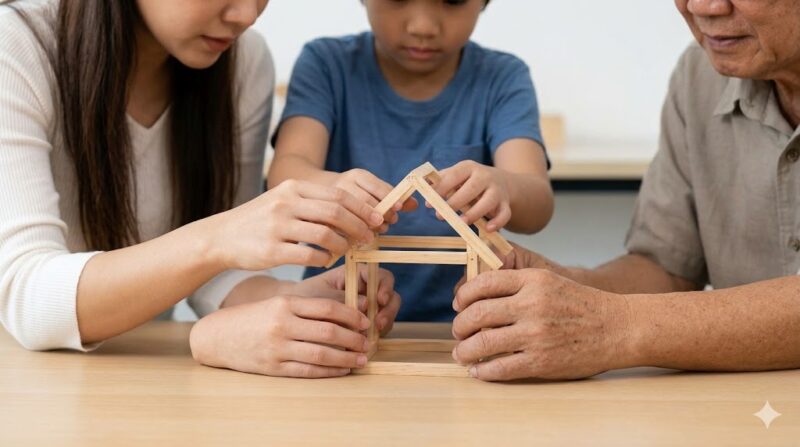 物を持たない代わりに体験を重視し、家族で日本の伝統的な木造建築の模型を組み立てるワークショップに参加する日本人家族。笑顔で協力し合う姿が、物質的な豊かさよりも大切な人間関係と共有する思い出の価値を物語っている。