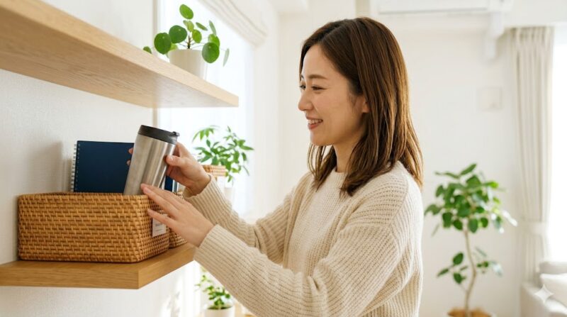 持ち物を定位置に戻す丁寧な動作にフォーカスした、明るく清潔感のある室内。