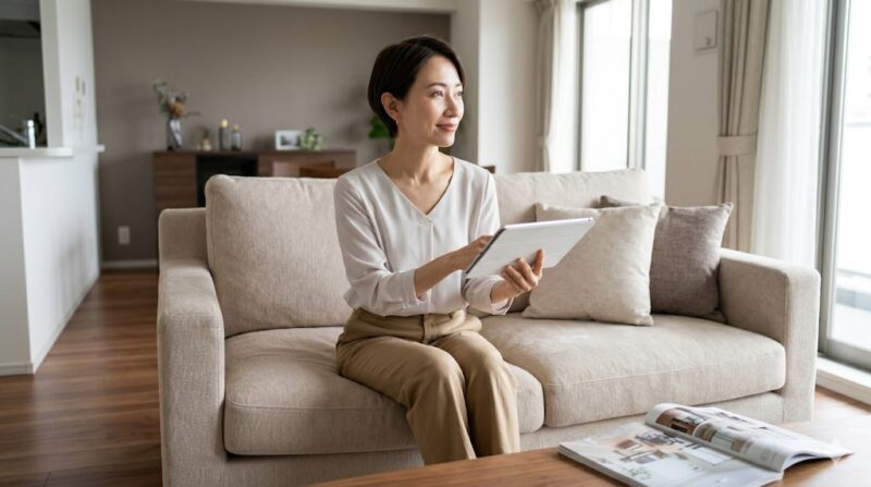 ソファーでくつろぎながらタブレットで理想のインテリア画像を収集し、自分の好みのテーマを具体化させようとしているアジア人の女性。