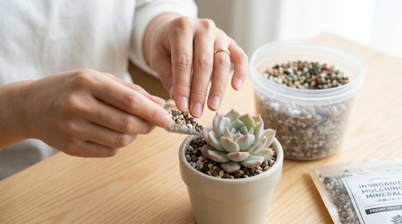 ダイソーのカラーゼオライトを使い、多肉植物の土の表面をマルチングする日本人の女性の手元。有機物の露出を防ぎ、コバエやカビの発生を予防する対策。