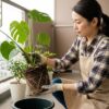 ベランダで Monstera 観葉植物の根詰まりを確認する、手袋とエプロンを着用した日本人女性。植え替えが必要な状態であることを示している。