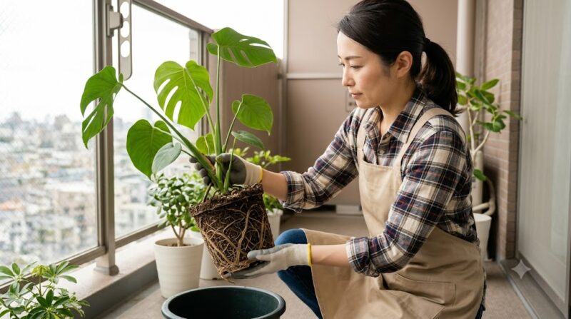 ベランダで Monstera 観葉植物の根詰まりを確認する、手袋とエプロンを着用した日本人女性。植え替えが必要な状態であることを示している。