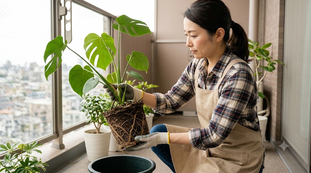 ベランダで Monstera 観葉植物の根詰まりを確認する、手袋とエプロンを着用した日本人女性。植え替えが必要な状態であることを示している。