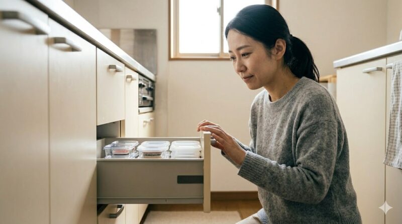 整理整頓された1段の引き出しを、満足げな表情で見つめる日本人女性。狭いスペースを片付けた「極小の成功体験」が自信につながっている様子。