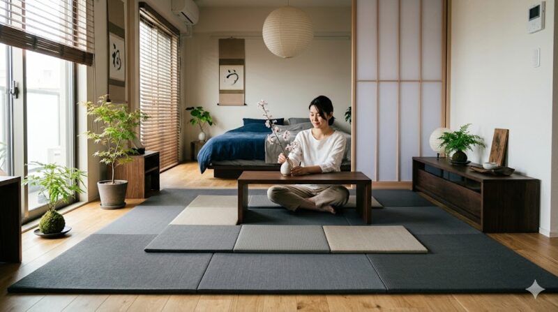 フローリングの洋室に敷き詰められた、モダンなカラー（グレー）の置き畳（ユニット畳）。女性がくつろぐ、賃貸でも実現できる和モダン空間。