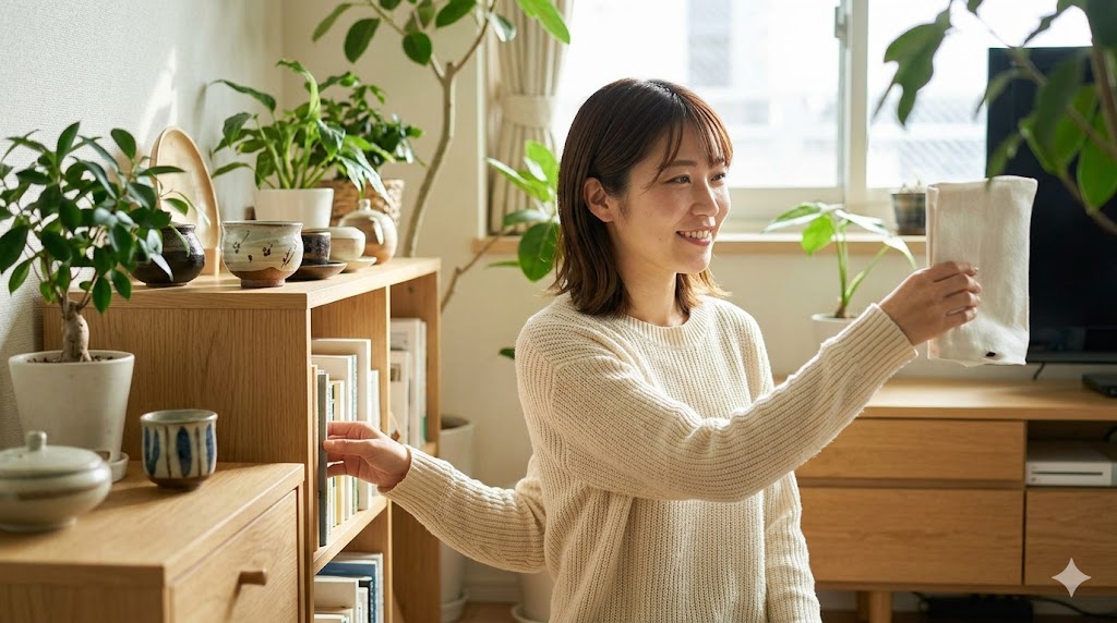 明るく整理整頓された自宅のインテリアを笑顔で整えている様子。部屋がおしゃれな人の性格や、綺麗な空間を作る心理を象徴する一枚。