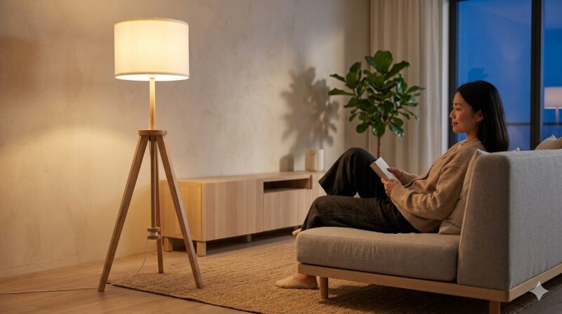 ジャパンディスタイルに最適な、アッシュ無垢材の三脚脚部と布製シェードを持つIKEAのフロアランプ（LAUTERS ラウテルス）が、低重心なリビング空間でリラックスするアジア人女性の傍らで温かい光を放つ様子。