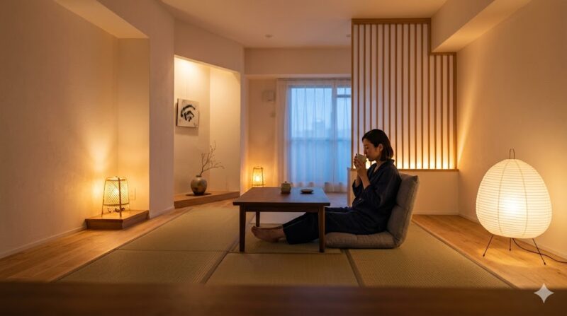 天井のメイン照明を消し、和紙のフロアランプと竹細工のテーブルランプだけで照らされた和モダンな一人暮らしの部屋。暖色系の光と陰影が、落ち着きとリラックス感を演出。