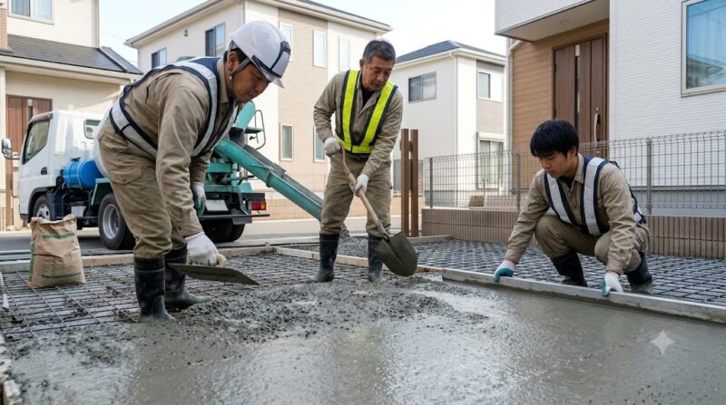 日本人の専門職人が住宅の庭で駐車場用にコンクリートを施工し、コテで平らに仕上げている様子。初期費用と工事の手間のリアリティを表現。