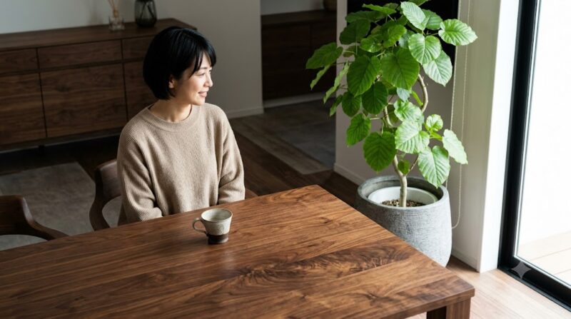 深みのある色合いのウォールナット材のテーブルと、隣に置かれた鮮やかなグリーンの観葉植物(ウンベラータ)。日本人の女性がテーブルにつき、植物を見ながらリラックスしている、明るい抜け感のあるモダンなリビングルームの風景。
