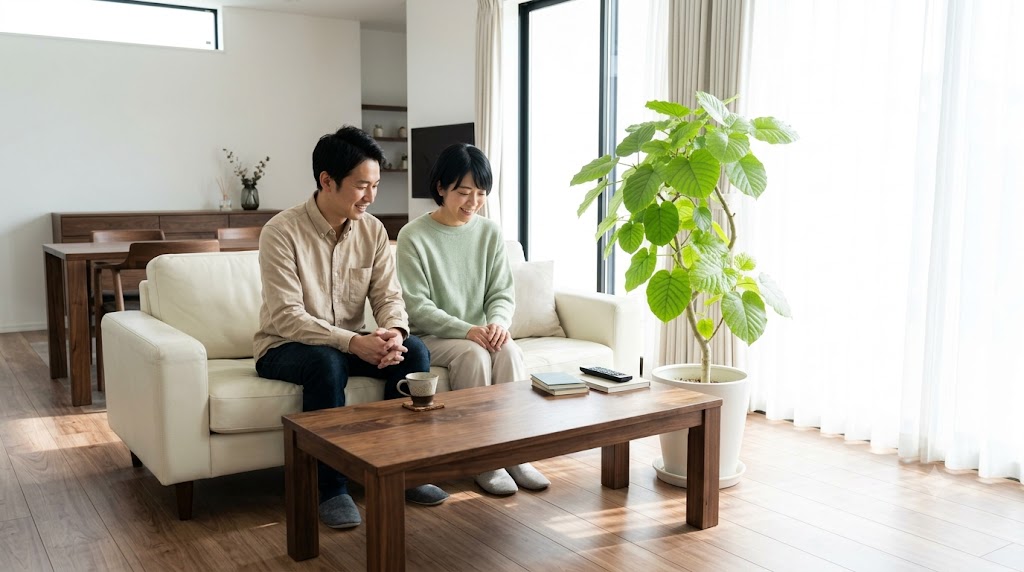 深みのある色合いのウォールナット材のテーブルと、隣に置かれた鮮やかなグリーンの観葉植物（ウンベラータ）。日本人の女性がテーブルにつき、植物を見ながらリラックスしている、明るい抜け感のあるモダンなリビングルームの風景。