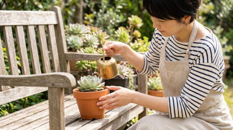 鉢底から水が流れるまでたっぷりと多肉植物に水やりをする、エプロン姿の日本人女性の手元。