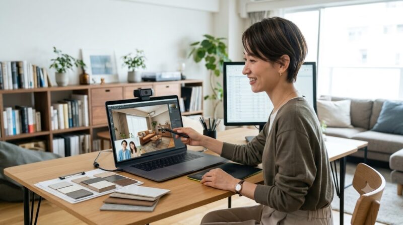 ココナラで活躍する、親しみやすい日本人女性インテリアコーディネーター。自宅のワークスペースからオンラインでクライアントと直接ビデオ通話し、リアルタイムで3Dパースを修正しながら提案を行っている。中間マージンのない直接契約による低価格と、オンラインならではの柔軟なサービス提供を象徴する一枚。