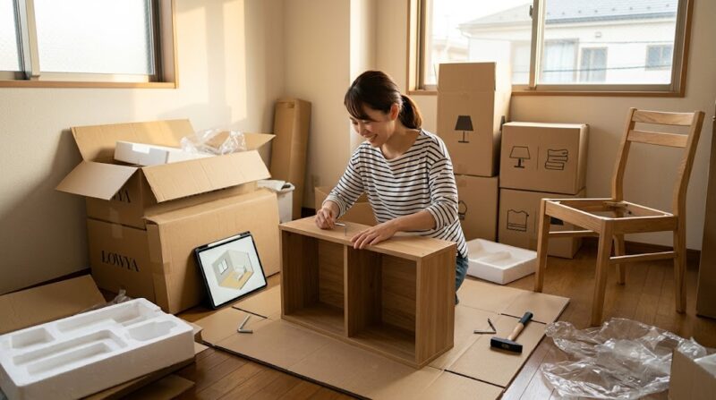 ココナラで提案された家具を自ら購入し、届いた大量の段ボールや緩衝材に囲まれながら、笑顔で家具の組み立てに取り組む日本人女性。安価なサービスの裏側にある、利用者自身による膨大な「労働の自己負担」というボトルネックを象徴する、リアルで親しみやすい一枚