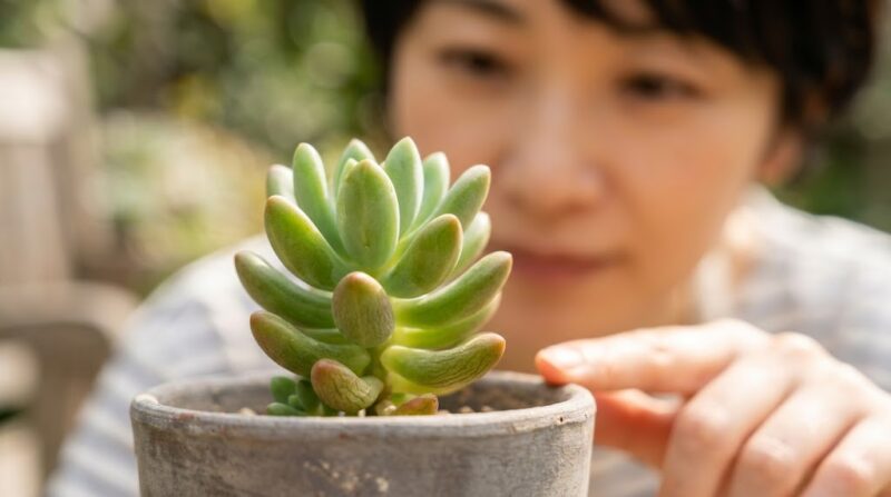 sedum rubrotinctum (虹の玉) の葉の表面に、縦に細かいシワが入った水分不足のサイン。