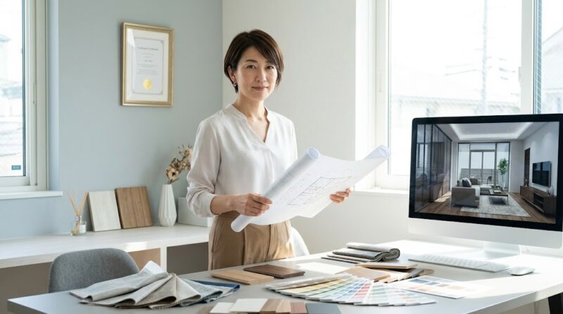 自身のオフィスで図面を持つ、経験豊富な日本人インテリアコーディネーターの女性。背景には資格証(文字なし)が飾られている。
