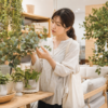 店舗でフェイクグリーンの葉の質感を確認する日本人女性