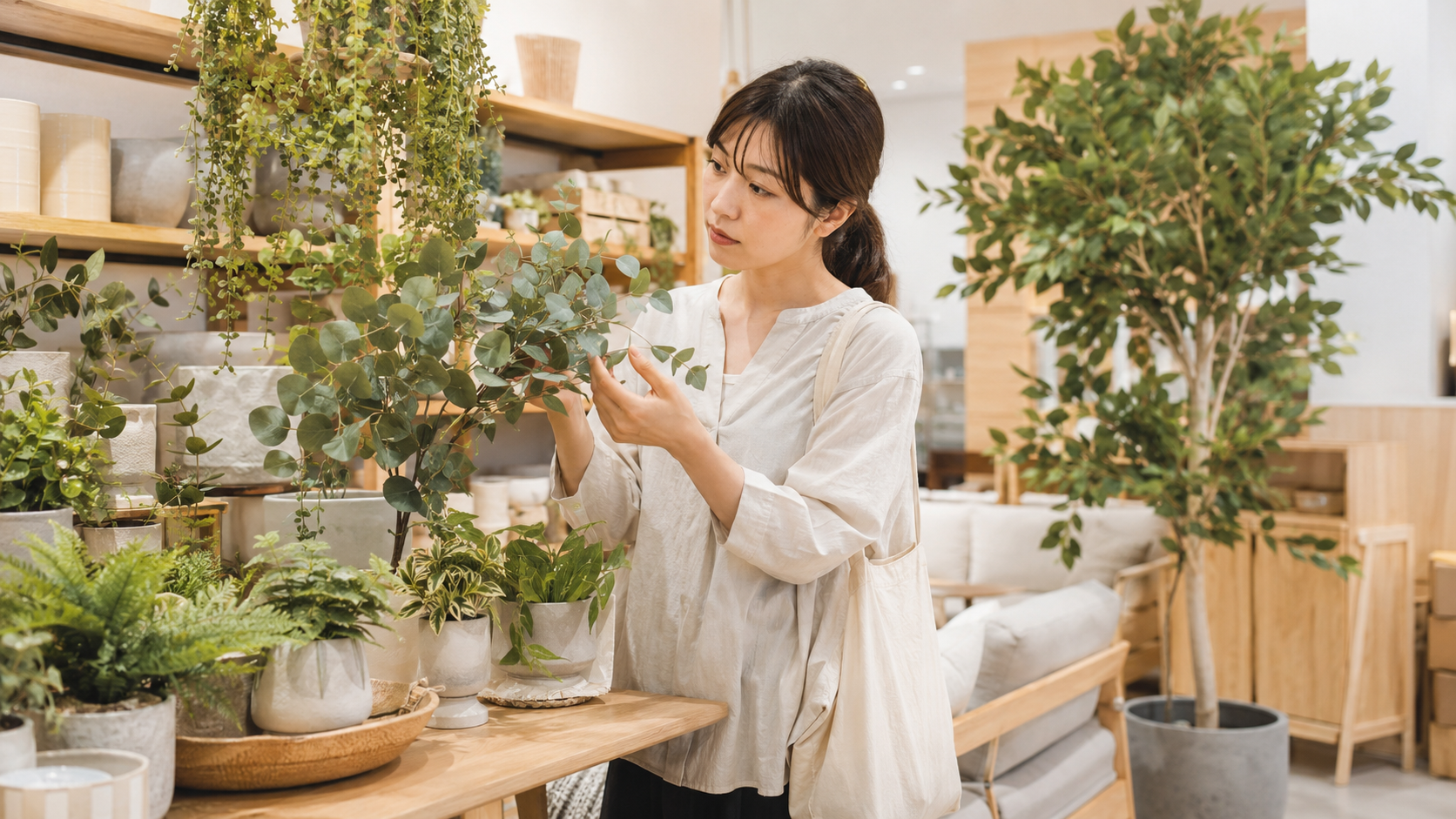 店舗でフェイクグリーンの葉の質感を確認する日本人女性