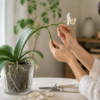 花が終わった胡蝶蘭の花茎を確認する女性と剪定ばさみ