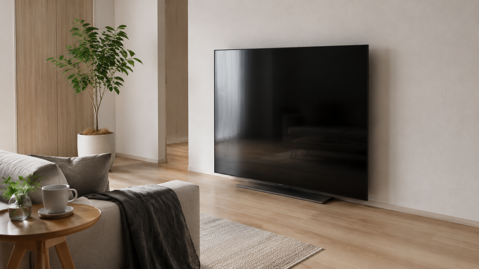 賃貸の白い壁に穴を開けず、壁寄せスタンドで壁掛け風に設置したテレビのあるリビング