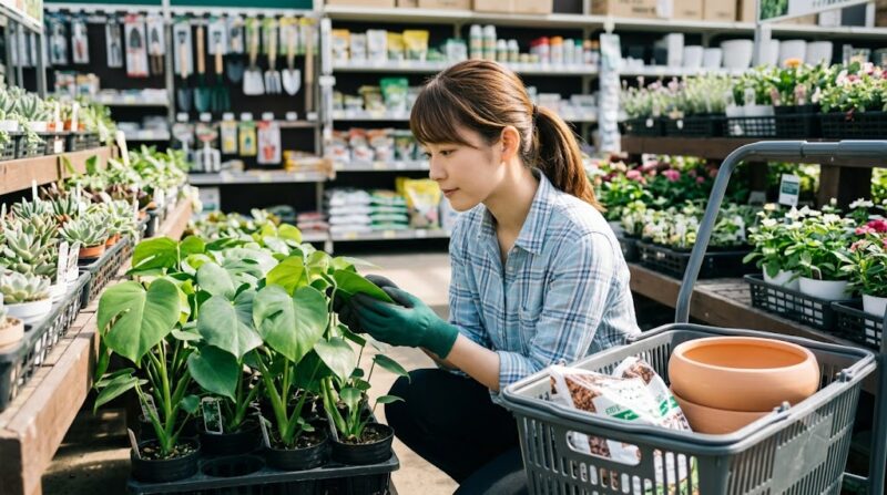 ホームセンターで観葉植物を購入しようとしている様子