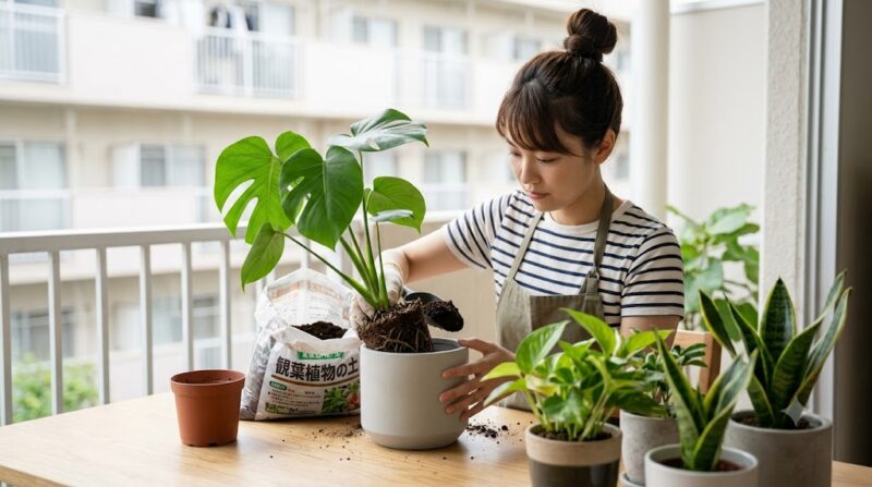 安価に購入した観葉植物（モンステラ）の苗を、日本のマンションのベランダで、自分好みの陶器鉢へ手際よく植え替える日本人女性。植え替えの楽しさと節約の両立を表現。