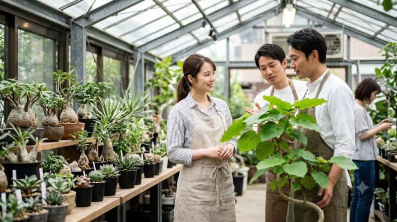 園芸専門店でスタッフからアドバイスを受け、健康なウンベラータを選ぶ日本人女性