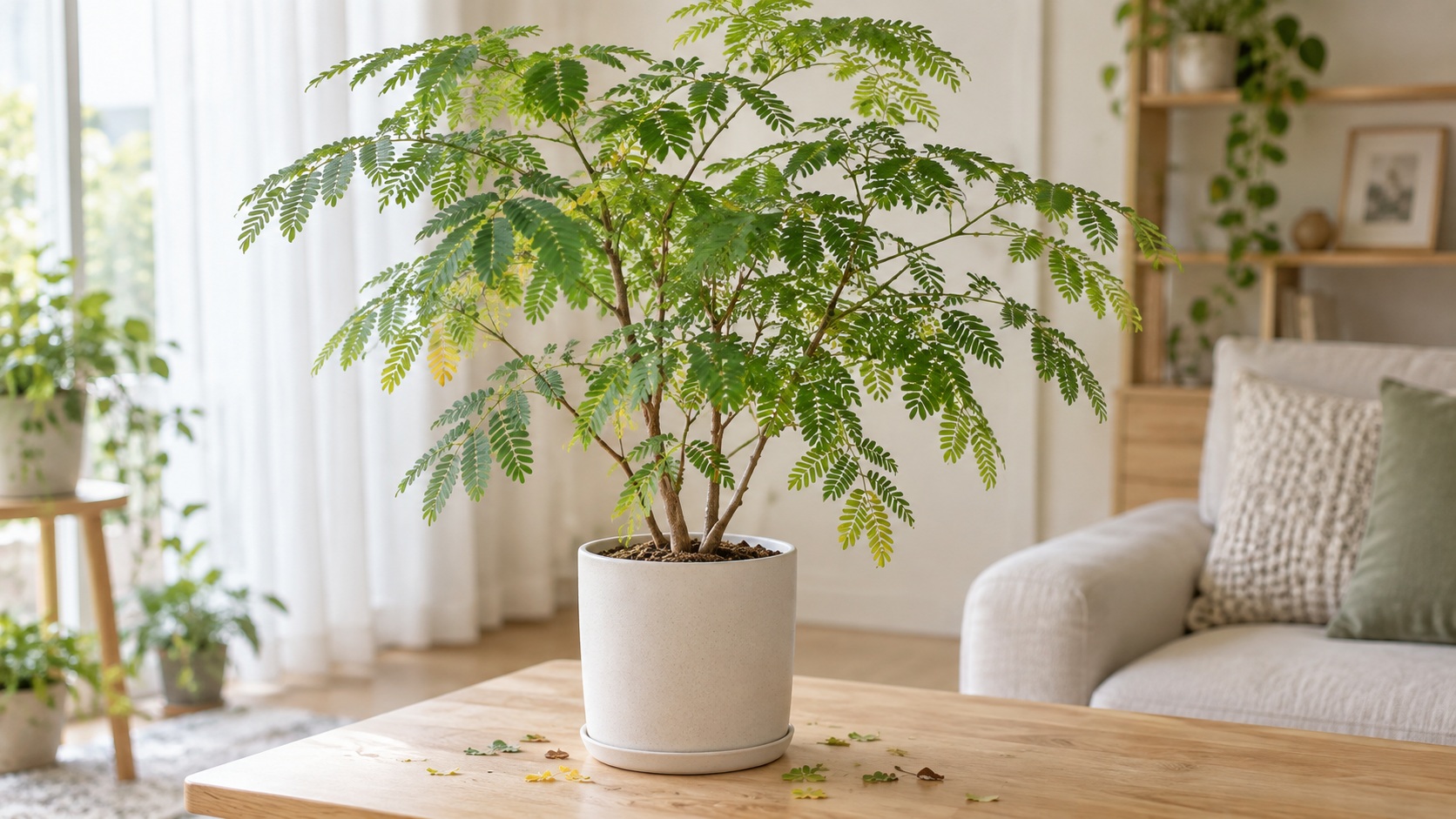 明るい室内に置かれたエバーフレッシュと、鉢の周りに落ちた黄色や茶色の葉