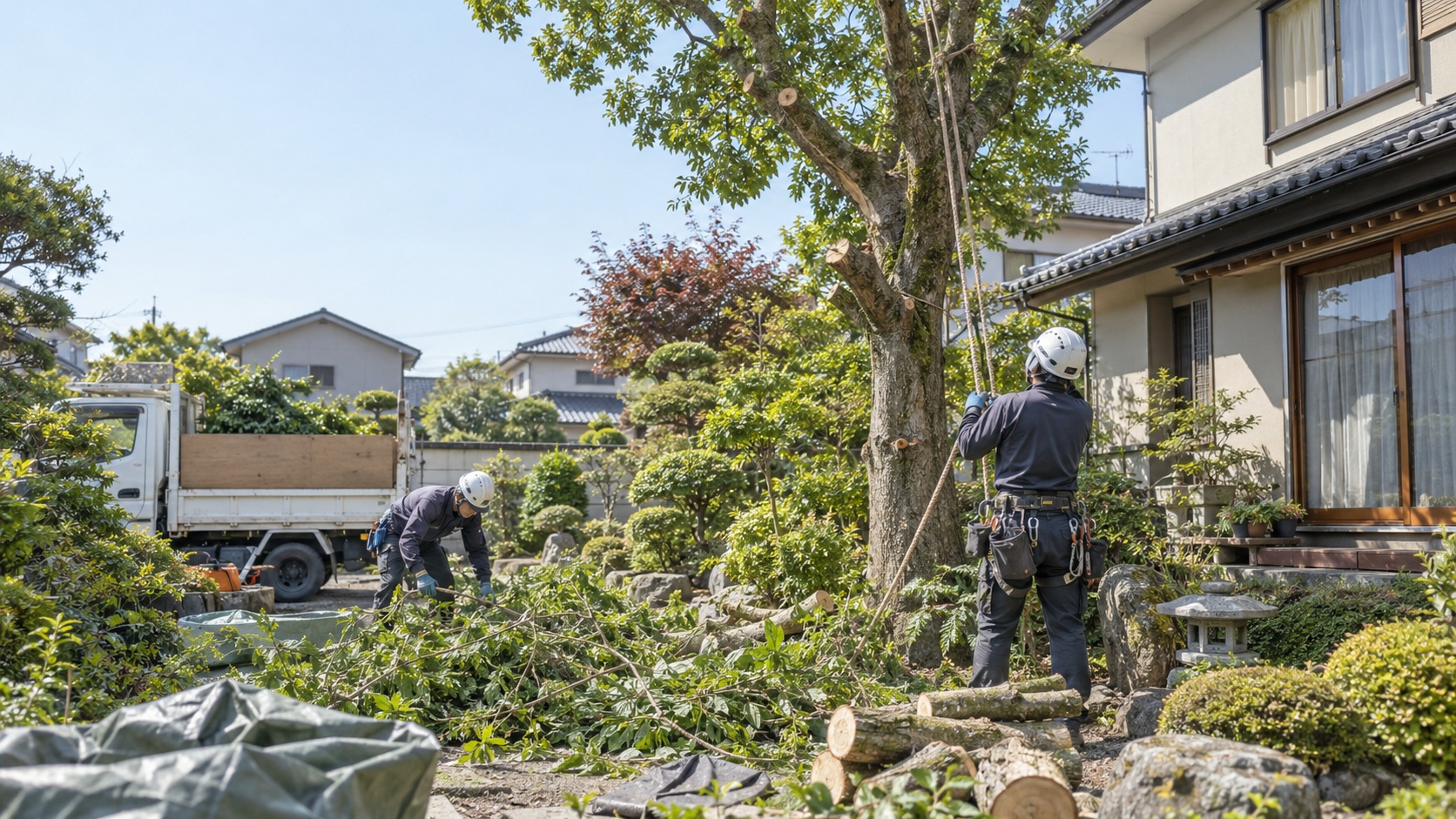 日本家屋の庭で専門業者が庭木を伐採し、切った枝や幹を片付けている様子